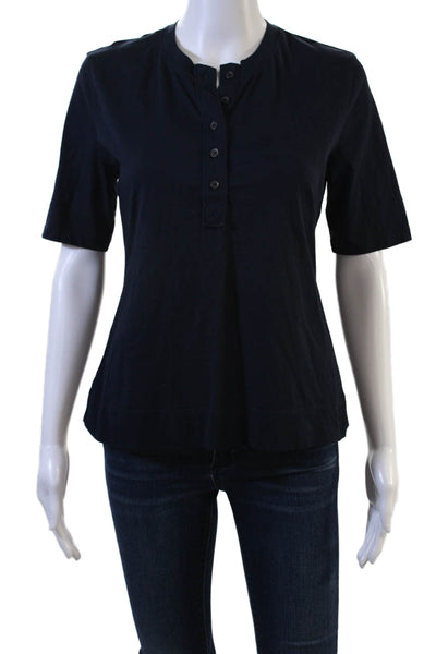 Banana Republic Women Dark Blue High-Neck Short Sleeve Button-Up Top Size M