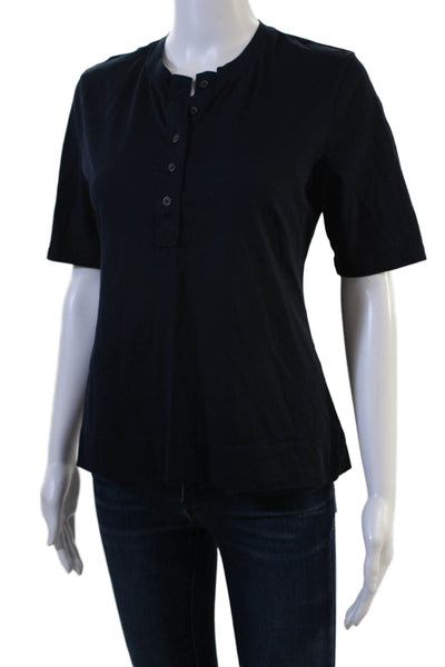 Banana Republic Women Dark Blue High-Neck Short Sleeve Button-Up Top Size M