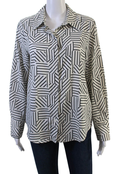 MNG Women Black Geometric Collared Button-Up Blouse Long Sleeve Size M