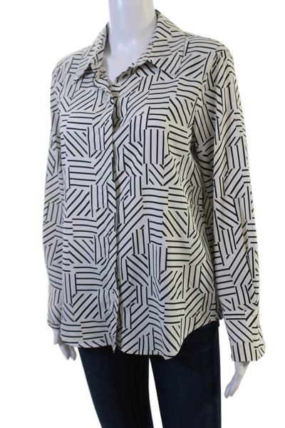 MNG Women Black Geometric Collared Button-Up Blouse Long Sleeve Size M