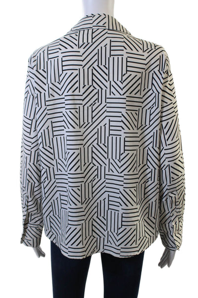 MNG Women Black Geometric Collared Button-Up Blouse Long Sleeve Size M