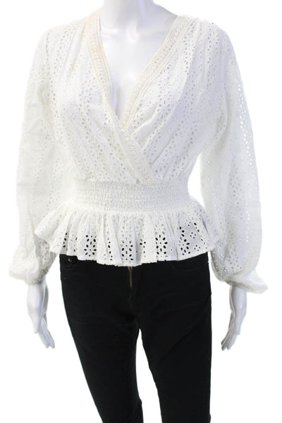 The Kooples Women White Cotton V-Neck Boho Long Sleeve Blouse Size 0