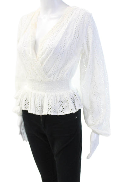 The Kooples Women White Cotton V-Neck Boho Long Sleeve Blouse Size 0