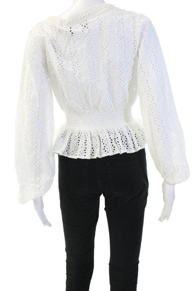 The Kooples Women White Cotton V-Neck Boho Long Sleeve Blouse Size 0