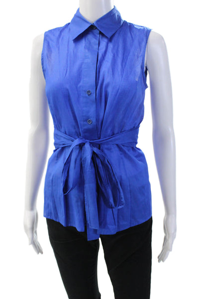 Theory Womens Blue Cotton Collared Sleeveless Button-Up Blouse Size S