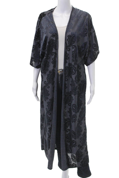 Vintage Havana Women Open Front Blue Damask Short Sleeve Robe Size M