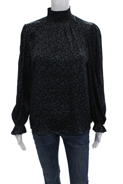 Tucker Women Black Animal Print Mock Neck Silk Blouse Long Sleeve Size XS