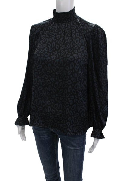 Tucker Women Black Animal Print Mock Neck Silk Blouse Long Sleeve Size XS
