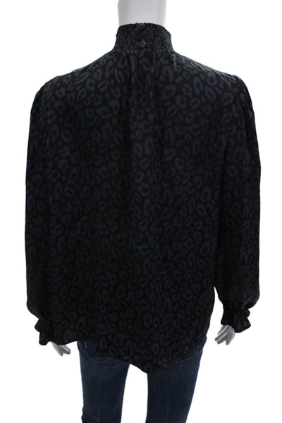 Tucker Women Black Animal Print Mock Neck Silk Blouse Long Sleeve Size XS