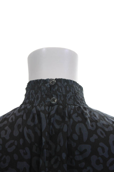 Tucker Women Black Animal Print Mock Neck Silk Blouse Long Sleeve Size XS
