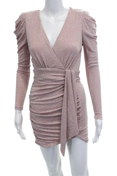 Aqua Women Bodycon Wrap Mini Dress Pink V-Neck Long Sleeve Tie Size 2