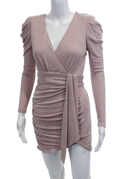 Aqua Women Bodycon Wrap Mini Dress Pink V-Neck Long Sleeve Tie Size 2