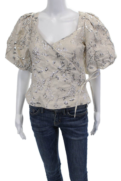Jonathan Simkhai Women Beige Floral VNeck Short Sleeve Blouse Drawstring Size 8
