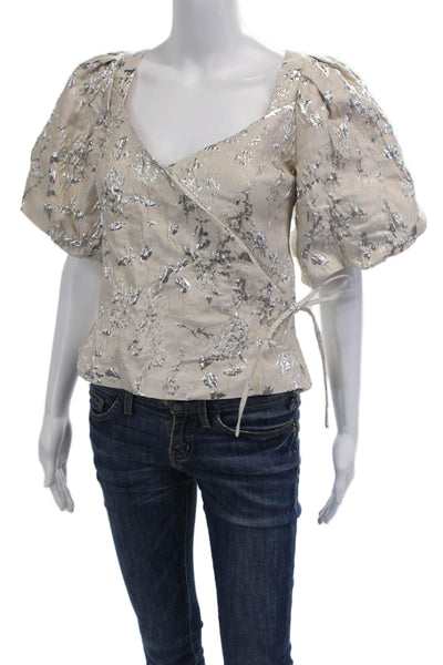Jonathan Simkhai Women Beige Floral VNeck Short Sleeve Blouse Drawstring Size 8