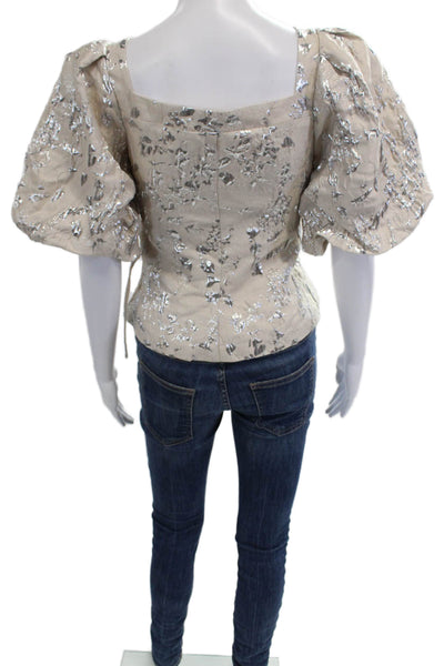 Jonathan Simkhai Women Beige Floral VNeck Short Sleeve Blouse Drawstring Size 8