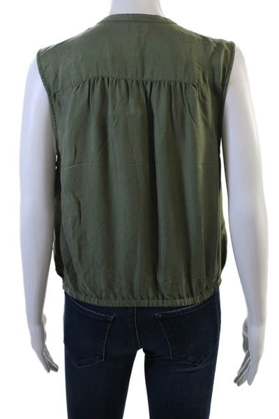 Unsubscribed Womens Silk Sleeveless Button-Up Blouse Solid Green Army Size S