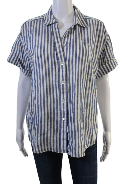 J Crew Womens Blue Linen Striped Collared Short Sleeve Button-Up Size XS