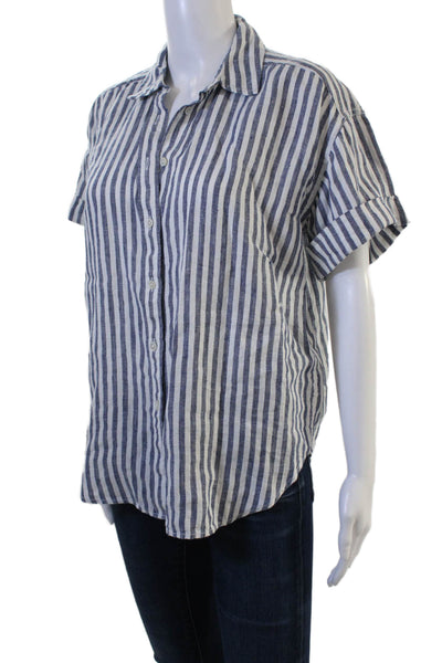 J Crew Womens Blue Linen Striped Collared Short Sleeve Button-Up Size XS