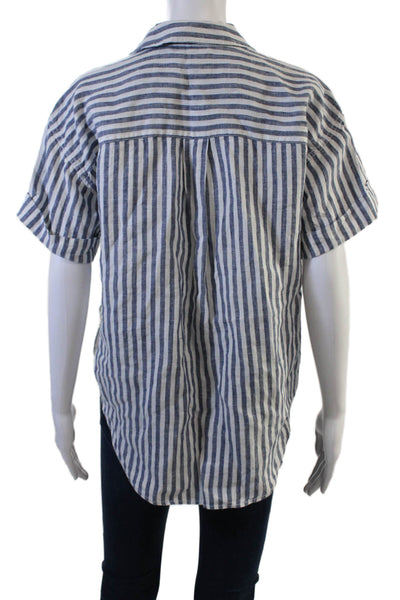 J Crew Womens Blue Linen Striped Collared Short Sleeve Button-Up Size XS