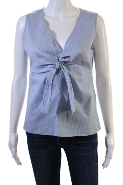 Gant Women Striped Light Blue Cotton V-Neck Sleeveless Blouse Size 8