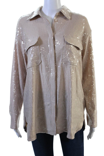 Rachel Zoe Womens Collared Button-Up Blouse Beige Long Sleeve Size M