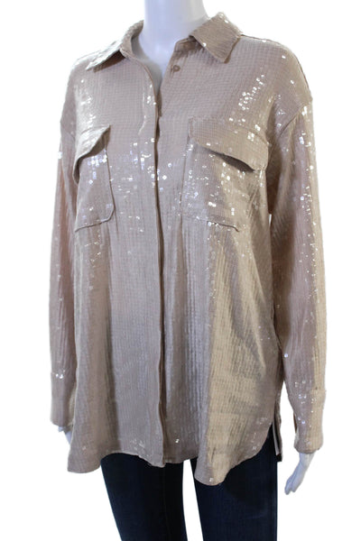 Rachel Zoe Womens Collared Button-Up Blouse Beige Long Sleeve Size M