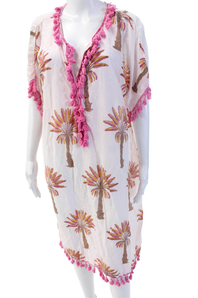 Designer Women Kaftan Midi Dress Pink Cotton Silk V-Neck Beach Size M