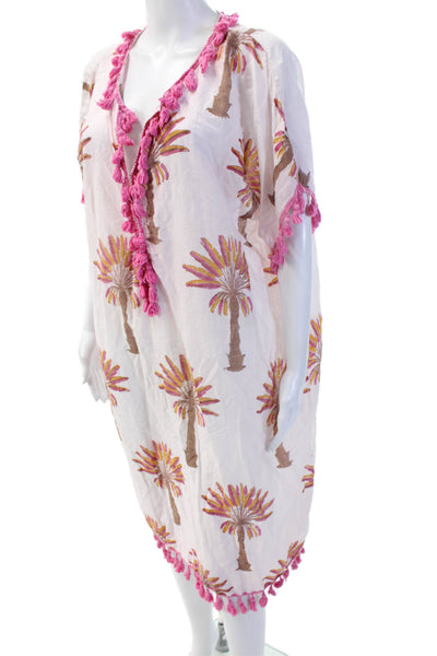 Designer Women Kaftan Midi Dress Pink Cotton Silk V-Neck Beach Size M
