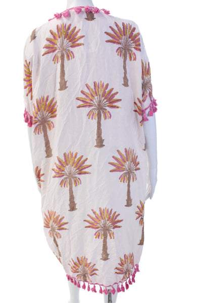 Designer Women Kaftan Midi Dress Pink Cotton Silk V-Neck Beach Size M