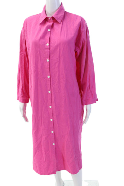 Designer Women Shirt Dress Pink Cotton Collared Long Sleeve Size M
