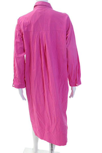 Designer Women Shirt Dress Pink Cotton Collared Long Sleeve Size M
