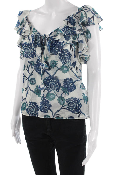 Misa Women Bohemian Floral V-Neck Sleeveless White Blouse Size XS