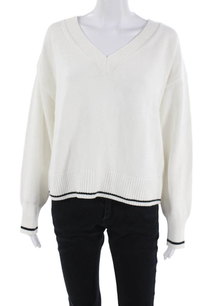 Designer Unisex White V-Neck Cotton Pullover Sweater Long Sleeve Size L