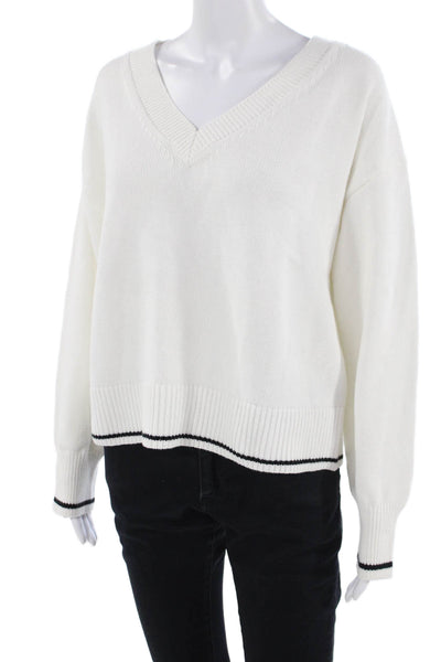 Designer Unisex White V-Neck Cotton Pullover Sweater Long Sleeve Size L