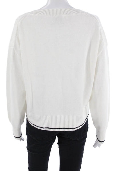 Designer Unisex White V-Neck Cotton Pullover Sweater Long Sleeve Size L