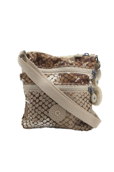 Kipling Womens Snakeskin Print Crossbody Shoulder Handbag Brown Beige