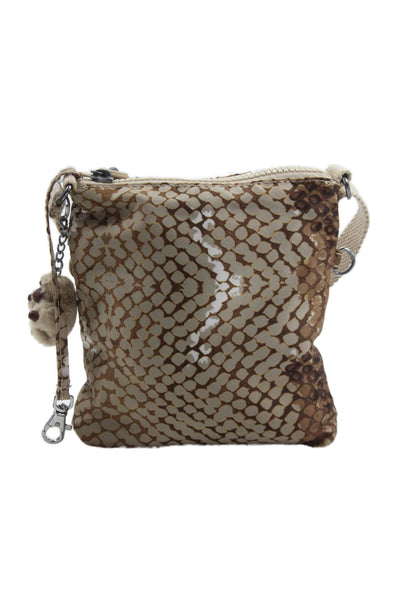 Kipling Womens Snakeskin Print Crossbody Shoulder Handbag Brown Beige