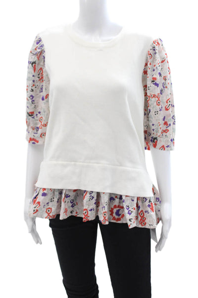 Fate. Womens White Cotton Floral Blouse Crewneck Button Boho Size L