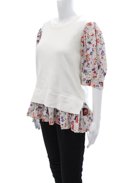 Fate. Womens White Cotton Floral Blouse Crewneck Button Boho Size L