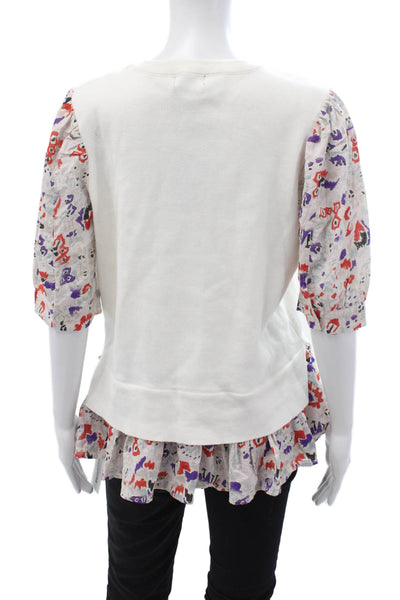 Fate. Womens White Cotton Floral Blouse Crewneck Button Boho Size L