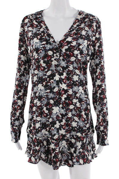 Veronica Beard Women Black Floral Silk Shirt Dress V-Neck Long Sleeve Size 2