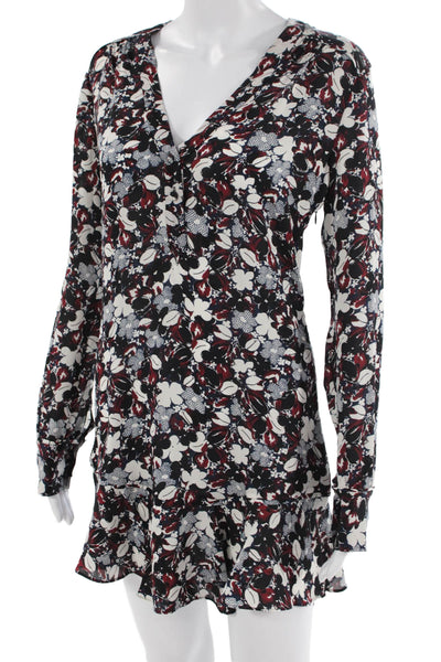 Veronica Beard Women Black Floral Silk Shirt Dress V-Neck Long Sleeve Size 2