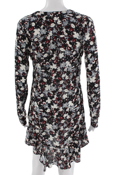 Veronica Beard Women Black Floral Silk Shirt Dress V-Neck Long Sleeve Size 2