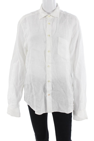 Hartford Mens Point Collar Linen Button-Up White Long Sleeve Size M