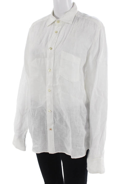 Hartford Mens Point Collar Linen Button-Up White Long Sleeve Size M