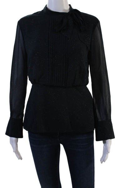 Ports Womens High Neck Tie Blouse Black Long Sleeve Polyester Size 4