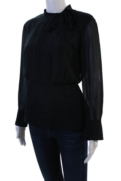 Ports Womens High Neck Tie Blouse Black Long Sleeve Polyester Size 4