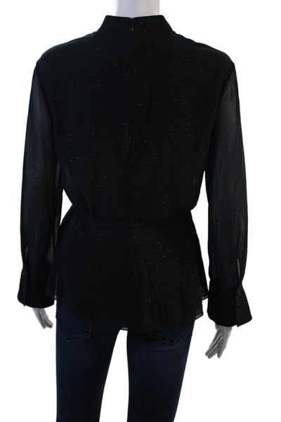 Ports Womens High Neck Tie Blouse Black Long Sleeve Polyester Size 4