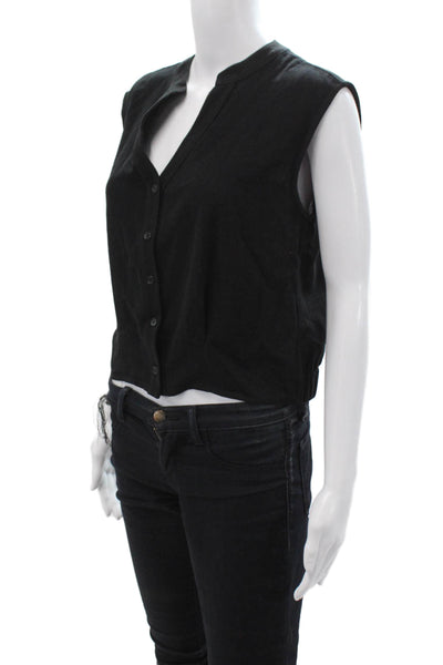 Drew Women Cropped Black Linen Rayon V-Neck Sleeveless Button-Up 90s Size S