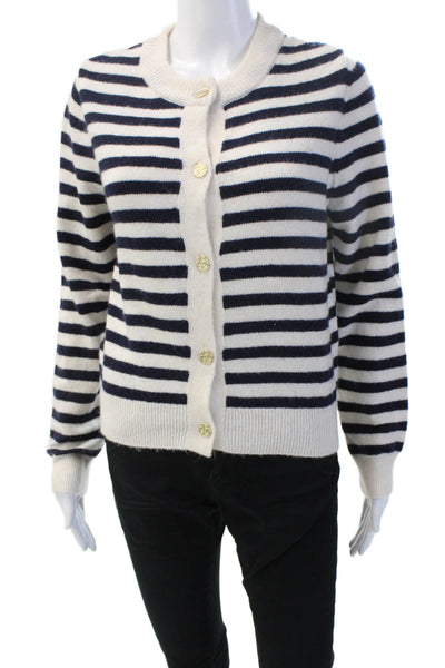 MNG Women Cardigan Striped White Button Crew Neck Long Sleeve Size M